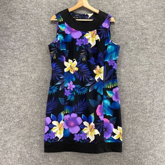 B Works Dress Women 14 Black Floral Sheath Short Zipper Sleeveless Crew Neck - Picture 1 of 9